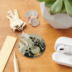 Oude Halloween, Heks met Ketel en Katten Sleutelhanger