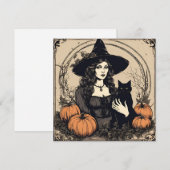 Oude Halloween Heks met Zwarte Kat, Pompoenen  Feestdagenkaart (Voorkant / Achterkant)