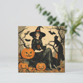 Oude Halloween Heks, Pompoen, Zwarte Kat, Vleermui Feestdagenkaart (Staand voorkant)