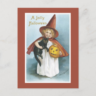 Oude Halloween Heks Zwarte Kat Ansichtkaart Briefkaart