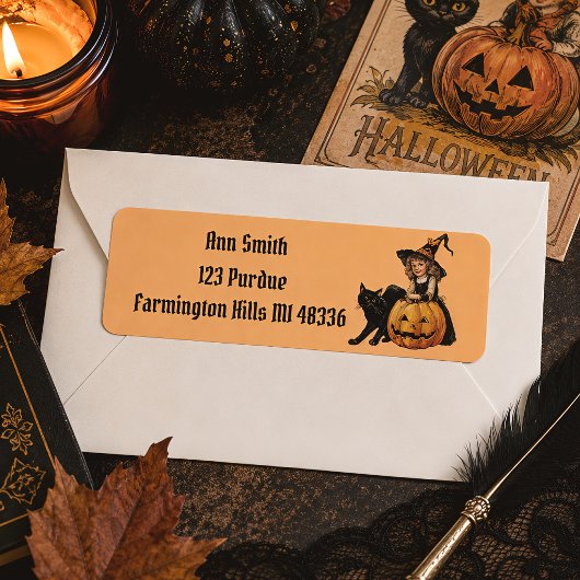 Oude Halloween Heks & Zwarte Kat Etiket