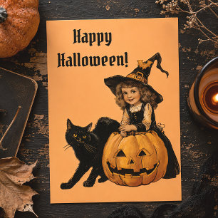 Oude Halloween Heks Zwarte Kat & Pompoen Briefkaart