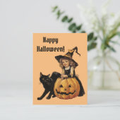 Oude Halloween Heks Zwarte Kat & Pompoen Briefkaart (Staand voorkant)