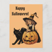 Oude Halloween Heks Zwarte Kat & Pompoen Briefkaart (Voorkant)