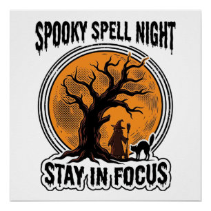 Oude Halloween Heksenboom en Zwarte Kat Grafiek Perfect Poster