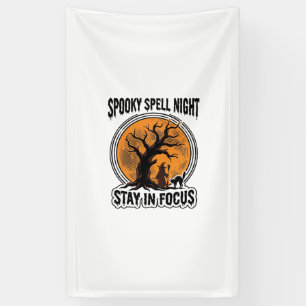 Oude Halloween Heksenboom en Zwarte Kat Grafisch Spandoek
