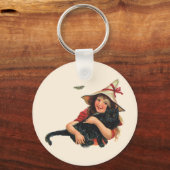 Oude Halloween, heksenkind met zwarte kat Sleutelhanger (Voorkant)