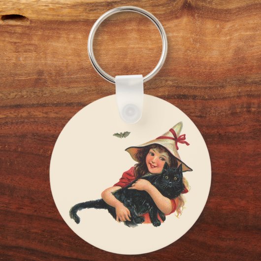 Oude Halloween, heksenkind met zwarte kat Sleutelhanger (Voorkant)