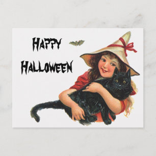 Oude Halloween, Heksenmeisje met Zwarte Kat Briefkaart