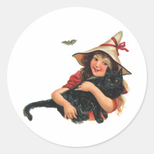 Oude Halloween, Heksenmeisje met Zwarte Kat Ronde Sticker