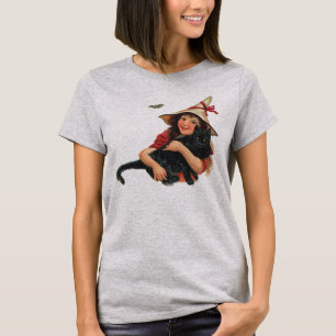Oude Halloween, heksenmeisje met zwarte kat T-shirt