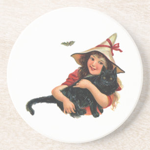 Oude Halloween, Heksenmeisje met Zwarte Kat Zandsteen Onderzetter