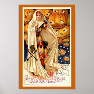 Oude Halloween-illustratie heks pompoenen Poster