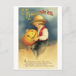 Oude Halloween, jongen maakt Jack-o'-lantaarn Briefkaart