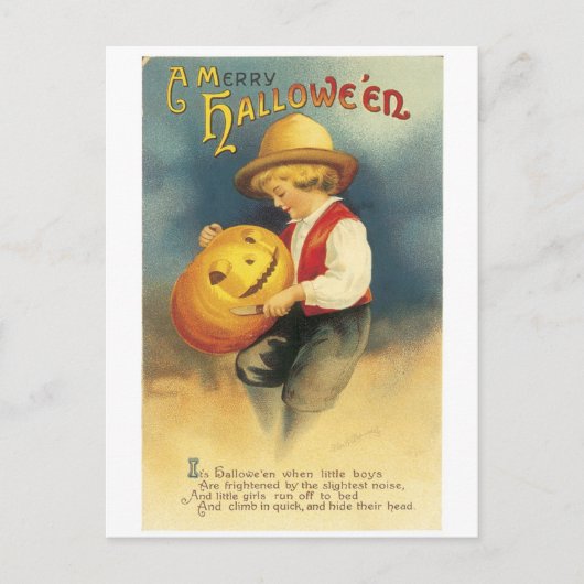 Oude Halloween, jongen maakt Jack-o'-lantaarn Briefkaart (Voorkant)
