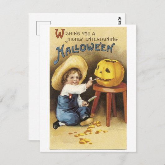 Oude Halloween, jongen maakt Jack-o'-lantaarn Briefkaart (Voorkant / Achterkant)