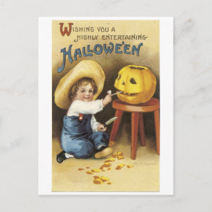 Oude Halloween, jongen maakt Jack-o'-lantaarn Briefkaart