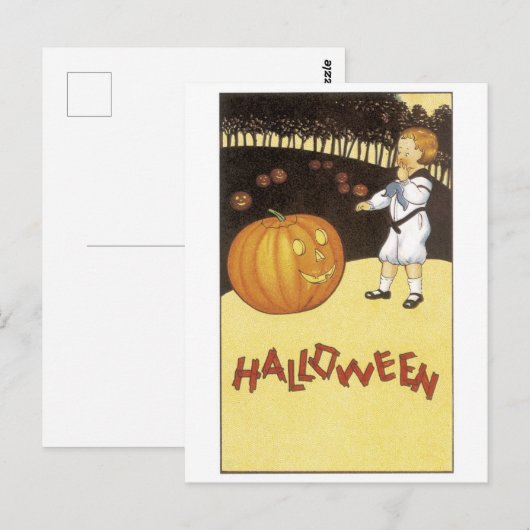 Oude Halloween, jongen ontmoet Jack-o'-lantaarn Briefkaart (Voorkant / Achterkant)