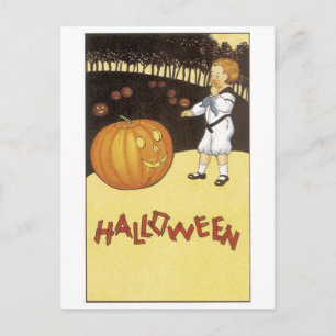Oude Halloween, jongen ontmoet Jack-o'-lantaarn Briefkaart