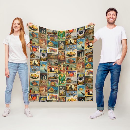 Oude Halloween Kaarten Collage Fleece Deken (In situ)
