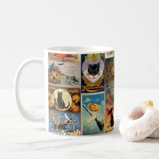 Oude Halloween Kaarten Collage Koffiemok (Met donut)
