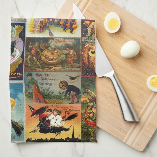 Oude Halloween Kaarten Collage Theedoek (Quarter Fold)