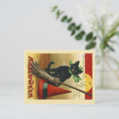 Oude Halloween Kat & Bezem Ansichtkaart Briefkaart (Staand voorkant)