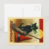 Oude Halloween Kat & Bezem Ansichtkaart Briefkaart (Voorkant / Achterkant)