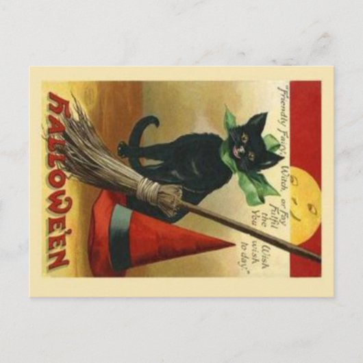 Oude Halloween Kat & Bezem Ansichtkaart Briefkaart (Voorkant)
