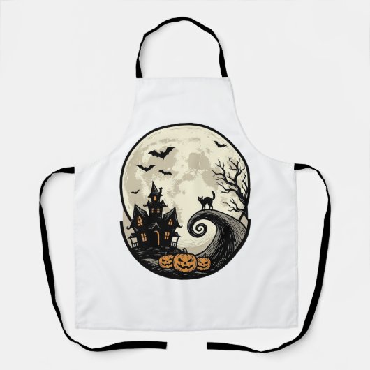 Oude Halloween Kat Maan Geest Huis Vector Afbeeldi Schort (Voorkant)
