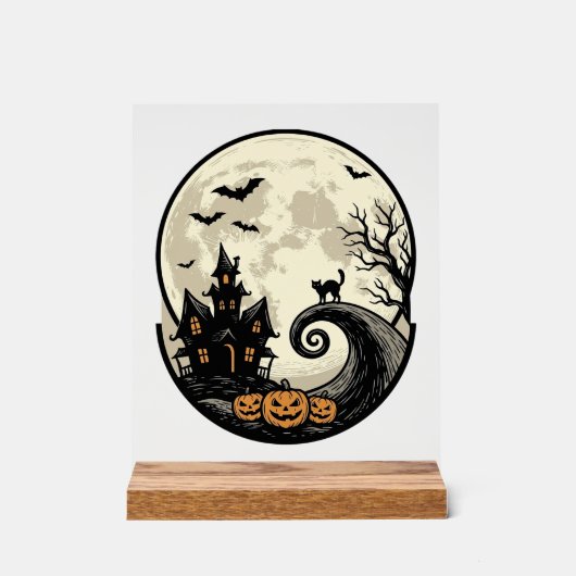 Oude Halloween Kat Maan Spookhuis Vector Afbeeldin Acryl Bord (Voorkant)