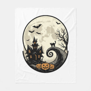 Oude Halloween Kat Maan Spookhuis Vector Afbeeldin Fleece Deken