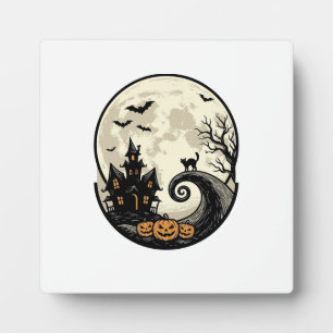 Oude Halloween Kat Maan Spookhuis Vector Afbeeldin Fotoplaat