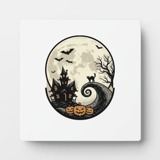 Oude Halloween Kat Maan Spookhuis Vector Afbeeldin Fotoplaat (Voorkant)