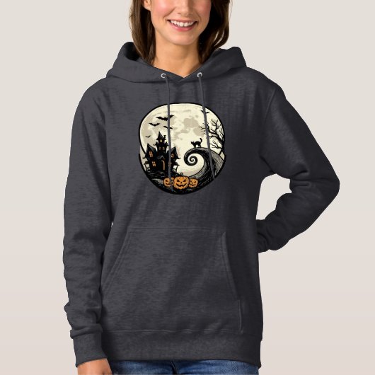 Oude Halloween Kat Maan Spookhuis Vector Afbeeldin Hoodie (Voorkant)
