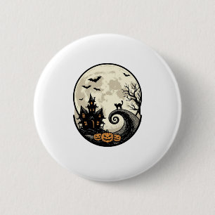 Oude Halloween Kat Maan Spookhuis Vector Afbeeldin Ronde Button 5,7 Cm