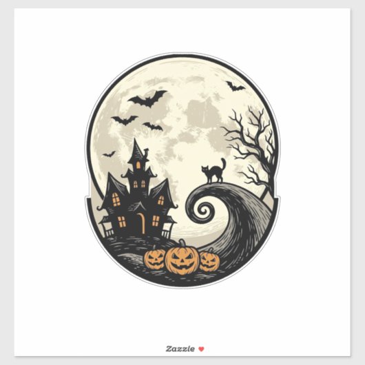 Oude Halloween Kat Maan Spookhuis Vector Afbeeldin Sticker (Vel)