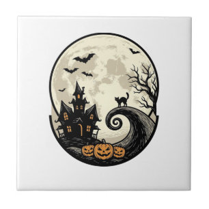 Oude Halloween Kat Maan Spookhuis Vector Afbeeldin Tegeltje
