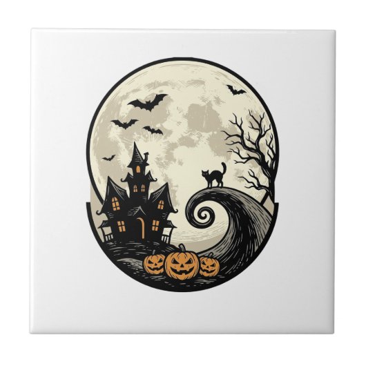 Oude Halloween Kat Maan Spookhuis Vector Afbeeldin Tegeltje (Voorkant)