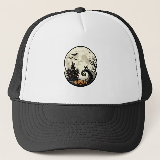 Oude Halloween Kat Maan Spookhuis Vector Afbeeldin Trucker Pet (Voorkant)