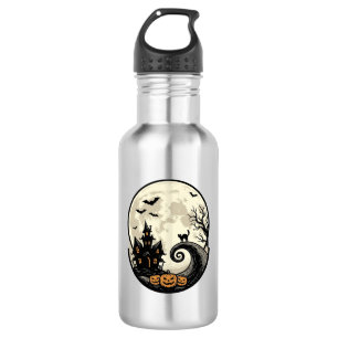 Oude Halloween Kat Maan Spookhuis Vector Afbeeldin Waterfles