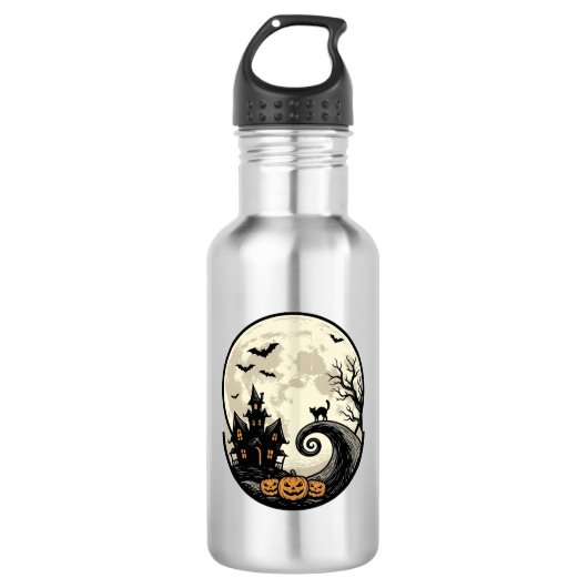 Oude Halloween Kat Maan Spookhuis Vector Afbeeldin Waterfles (Voorkant)