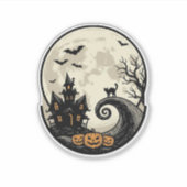 Oude Halloween Kat Maan Spukhuis Vector Afbeelding Sticker (Voorkant)