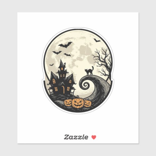 Oude Halloween Kat Maan Spukhuis Vector Afbeelding Sticker (Vel)