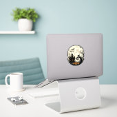 Oude Halloween Kat Maan Spukhuis Vector Afbeelding Sticker (Laptop op bureau)