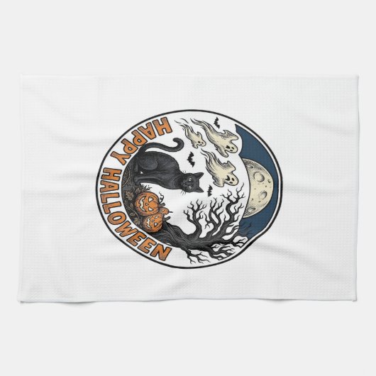 Oude Halloween Kat Maanlicht Spook Badge_1 Theedoek (Horizontaal)