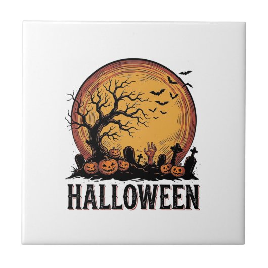 Oude Halloween Kerkhof Vleermuis Maan Kunst_1 Tegeltje (Voorkant)