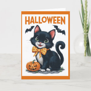 Oude Halloween Kitten met Vleermuizen en een Strik Feestdagen Kaart