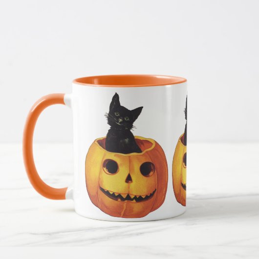 Oude Halloween, Knuffelige Zwarte Kat in een Pompo Mok (Links)