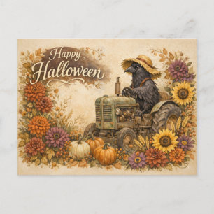 Oude Halloween Kraai Tractor Oogst Feestdagenkaart